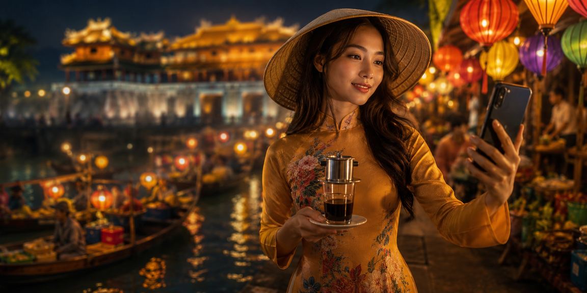 Người dùng tại Huế theo dõi bonus nạp tiền trên điện thoại bên ly cà phê